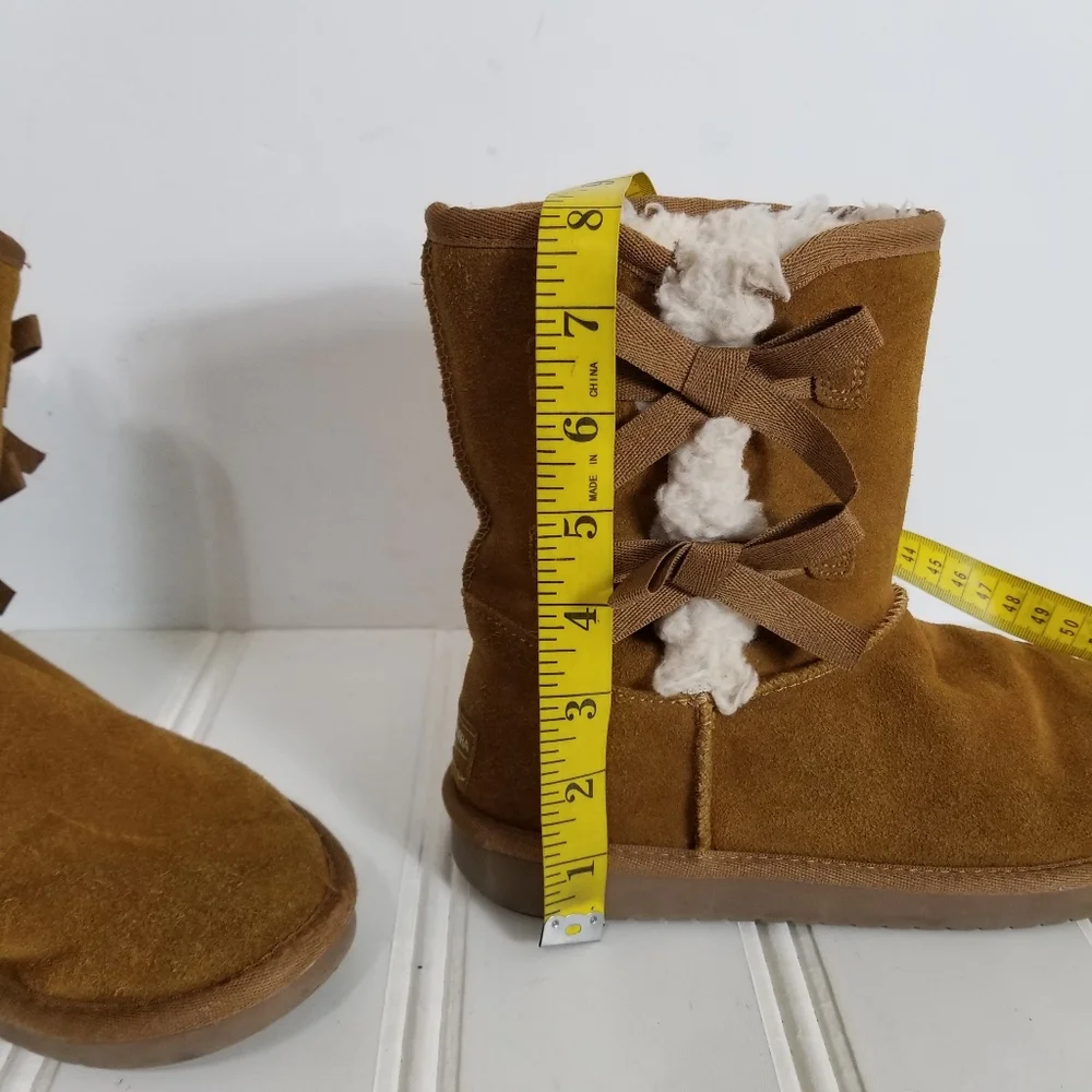 Koolaburra UGG Victoria Short Boots Girls 4 Bow Suede Faux Fur Chestnut Brown